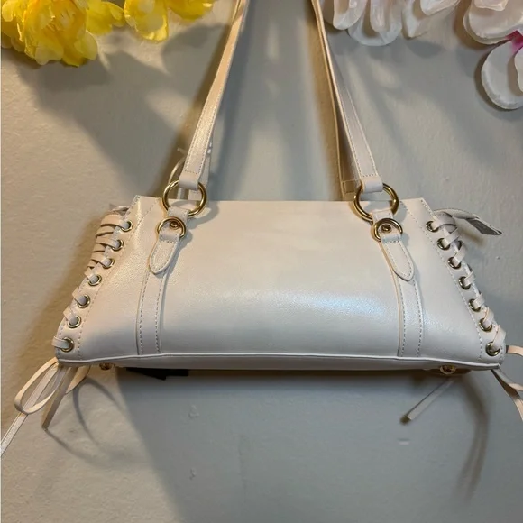 Cream Shoulder Bag with Lace-Up Side Detail - Picture 2 of 13
